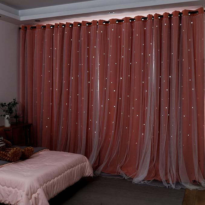 Kinryb Princess Curtains for Girls Bedroom with Sheer Overlay,Double Layer Curtain for Living Room with Star Cutout, Curtains for Kids Room (70 W*84 L Inches,2 Pcs Coral)