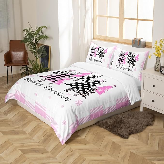 Manfei Xmas Trees Duvet Cover Set King Size, Pink Plaid Grid Snowflake Comforter Cover with 2 Pillowcases, Christmas Theme Bedding Set for Kids Girls Room Decor New Year Bedspread Cover, No Comforter