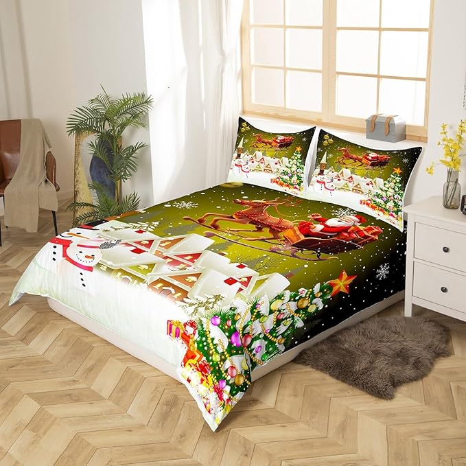 Manfei Christmas Duvet Cover Set King Size, Xmas Tree Snowman Comforter Cover with 2 Pillowcases, Santa Claus with Deer Bedding Set for Kids Boys Girls New Year Theme Bedspread Cover, No Comforter