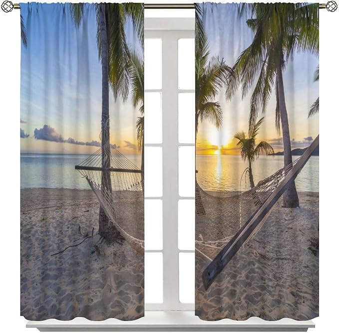 Ocean Beach Curtains,Morning Sunrise Hawaiian Seaside Scene Pattern Blackout Print Home Bedroom Living Room Window Treatments 2 Panel Set 55x63 Inch