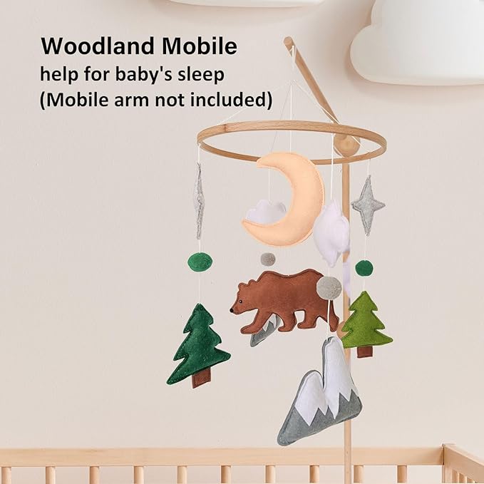 Woodland Baby Mobile, Woodland Mobile for Crib, Bear Crib Mobile for Boys, Nursery Mobile for Bassinet, Pack and Play, Bear Cloud Moon Star Mobile, Mountain Nursery Decor