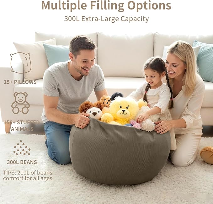 Nobildonna 3 ft Bean Bag Chair Cover (No Filler) 35"×43" Large Stuffed Animal Storage Bean Bag Washable Big Beanbag Chair Cover Premium Corduroy Bean Bag Cover for Adults,Kids,Light Brown 300L