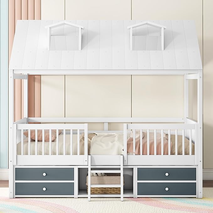 Merax Full Size Wood House Bed Frame with Full-Length Fence and 4 Storage Drawers, Funny Playhouse Tent Bed with Roof and 2-Step Ladder for Children Boys Girls Bedroom, No Box Spring Needed, White