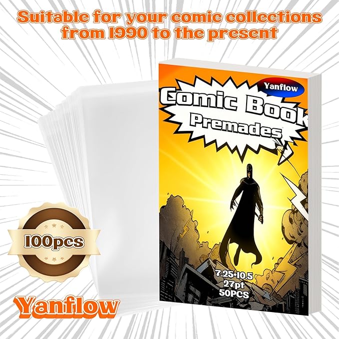 100 Pack Comic Book Bags and Boards Set 7.25x10.5 Inch Self-Sealing Comic Bags and Boards with Archival Boards for Long-Term Storage & Protection