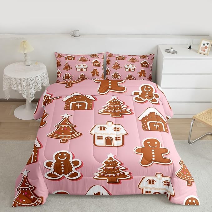 Feelyou Christmas Comforter Set Queen Size Gingerbread Man Bedding Set for Kids Boys Girls Snowflake Duvet Quilt Xmas Tree Bedroom Decor Microfiber 3 Pcs with 2 Pillow Cases