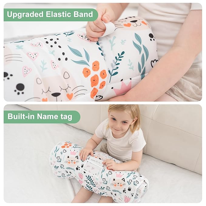 Viviland Toddler Nap Mat with Pillow and Minky Dot Blanket, Rolled Sleeping Mats/Slumber Bag, Large Thick Kids Nap Mat for Preschool, Daycare, Kindergarten, Travel Camping -Cute Cat