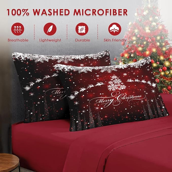 5 Pcs Twin Size Christmas Comforter Set with Pillowcase & Sham, Dark Red Winter Snowflake Bedding for Kids and Adults, Merry Xmas Bed in a Bag with Flat Fitted Sheet