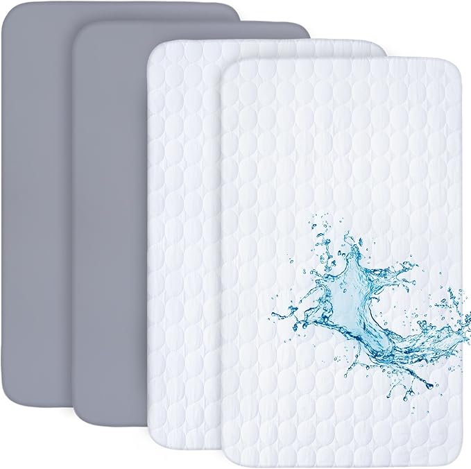 Crib Sheets and Waterproof Crib Mattress Protector 4 Pack Set,Waterproof Crib Sheets Mattress Pad Cover for Baby Boys and Girls, Grey