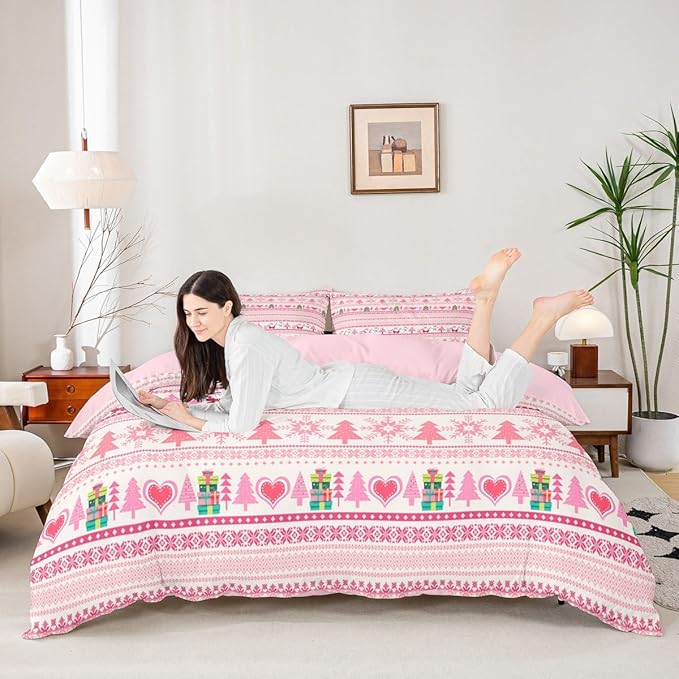 Christmas Comforter Cover Cartoon Santa Claus Snowman Bedding Set Pink Snowflake Christmas Tree Duvet Cover for Kids Boys Girls Microfiber Boho Stripes Bedspread Cover Room Decor Bedclothes Toddler