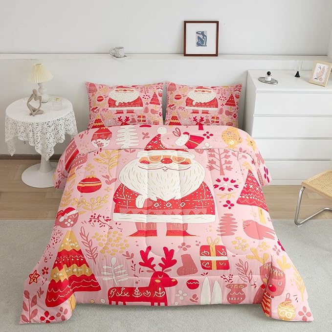Feelyou Cute Santa Claus Bedding Set for Kids Boys Girls Toddler Size Xmas Deer Elk Decor Comforter Set Ultra Soft Comforter Xmas Tree Duvet Quilt Bedroom Decor Christmas Decor Quilt