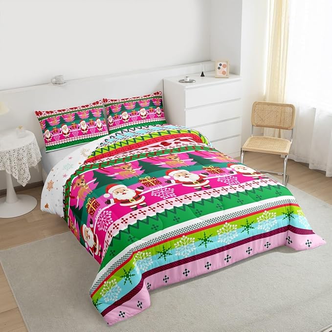 Feelyou Merry Christmas Comforter Set All Season Santa Claus Bedding Set with 1 Pillow Cases Cute Deer Microfiber Kids Toddler Bedclothes Snowflake Bedroom Decor Duvet Quilt Breathable Soft