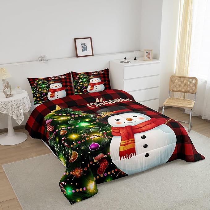 Manfei Christmas Comforter Set King Size, Snowman Christmas Tree Quilt Set with 2 Pillowcases, Red Plaid Grid Print Bedding Set 3pcs for Kids Boys Girls Room Decor