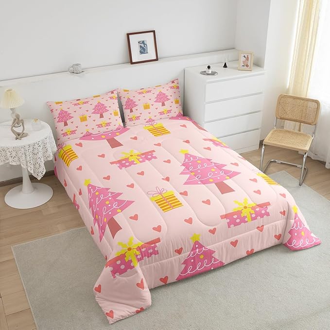Erosebridal Merry Xmas Quilts Full Size Pink Christmas Tree Comforter Set Reversible Cartoon Style Bedding Set Happy New Year Duvet Insert for Boys Kids Bedroom Decor with 2 Pillow Cases