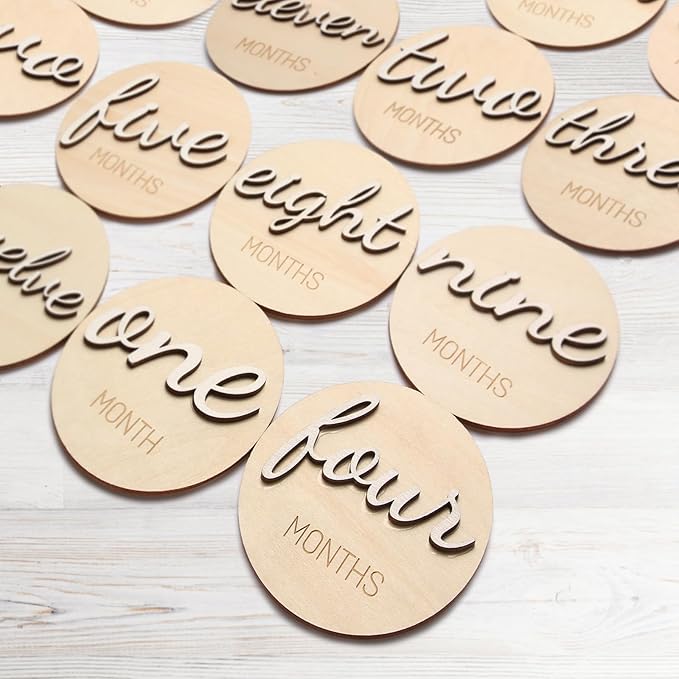 Baby Monthly Milestone Marker Discs - Wooden 3D Double-Sided Baby Announcement Sign, Gender Neutral Announcement Cards for Newborn Boys and Girls 1-12 Months Photography Props