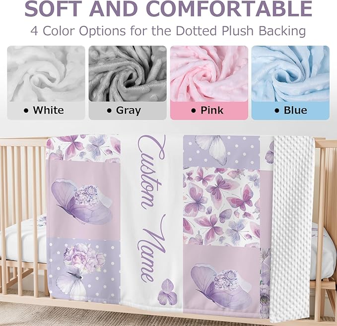 Personalized Baby Crib Bedding Set,3 Piece Custom Name Nursery Set with Blanket, Fitted Sheet & Pillowcase for Baby Girls & Boys, Purple Butterfly Theme(Fixed Size)