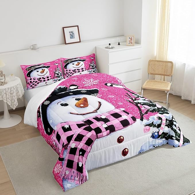 Feelyou Kids Christmas Theme Decorations Bedding Set Xmas Snowman Comforter Set for Boys Girls Snowflake Kawaii Cute Hot Red Bedroom Collection Queen Size
