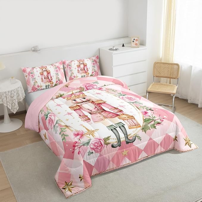 Feelyou Christmas Comforter Set Full Size Pink Nutcrackers Bedding Set for Kids Boys Girls Floral Duvet Quilt Funny Nutcracker Bedroom Decor Rose Microfiber 3 Pcs with 2 Pillow Cases