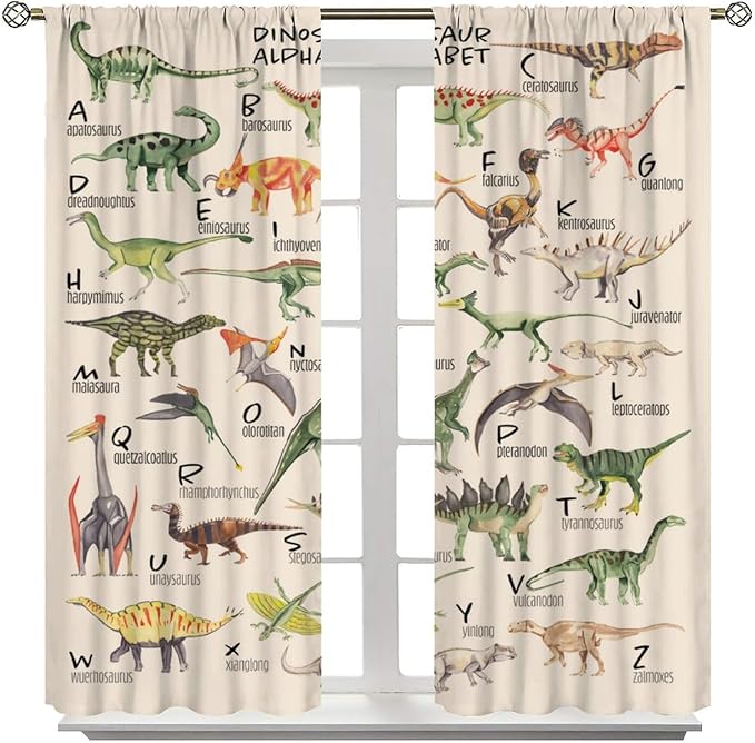 Dinosaur Curtains Cartoon Dino ABC Alphabet Pattern Educational Learning Theme Curtain with Rod Pocket for Kids Nursery Playroom Bedroom Drapes Window Treatments 2 Panels Set 52" W X 84" L