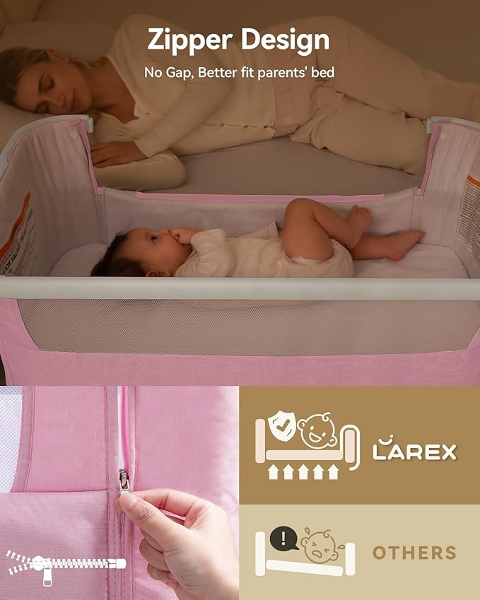 Larex Baby Bassinet, Baby Bassinet Bedside Sleeper with Storage Basket and Wheels, Height Adjustable Portable Crib for Newborn Infant, Easy Assemble and Folding(Pink)