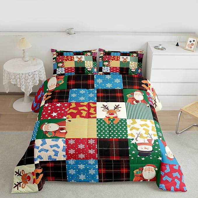 Feelyou Patchwork Christmas Bedding Set Soft for Boys Girls, Santa Claus Reindeer Comforter Set Toddler Size Snowman Duvet Quilt Microfiber Snowflake Bedroom Decor 2 Pcs with 1 Pillow Cases