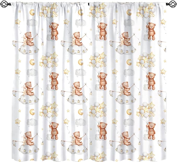 Cartoon Bear Curtains, Cute Lovely Bear Star Cloud Ballon Pastel Blackout Window Treatments, Rod Pocket Thermal Insulated Drapes 2 Panel Sets for Kids Bedroom Nursery Classroom, 63" W X 63" L