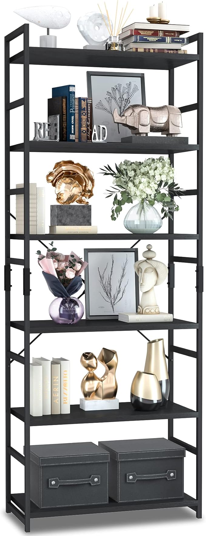 NUMENN 6 Tier Bookshelf, Tall Bookcase Shelf Storage Organizer, Modern Book Shelf for Bedroom, Living Room and Home Office, Black