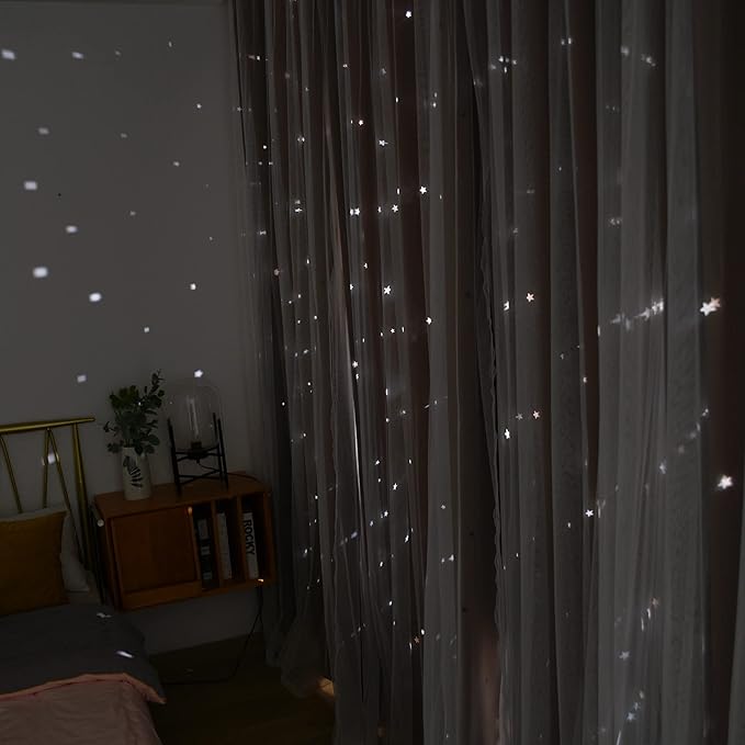 Kinryb Kids Blackout Curtains for Bedroom/Living Room/Classroom, Sheer Overlay 2 Free Tiebacks, Double Layer Curtains with Star Cutout for Kids Room(Each Piece W 70 x L 84 Inches 2 Pcs Coffe)