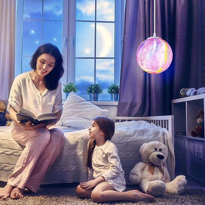 Plug in Pendant Light Fixtures Hanging Ceiling Lamp 16.4ft Cord,7in Colorful Hanging Moon Lamp Galaxy Lamp for Kids Bedroom,Led Moon Light Gift for Girls&Boys Lover Birthday(Bulb Included)