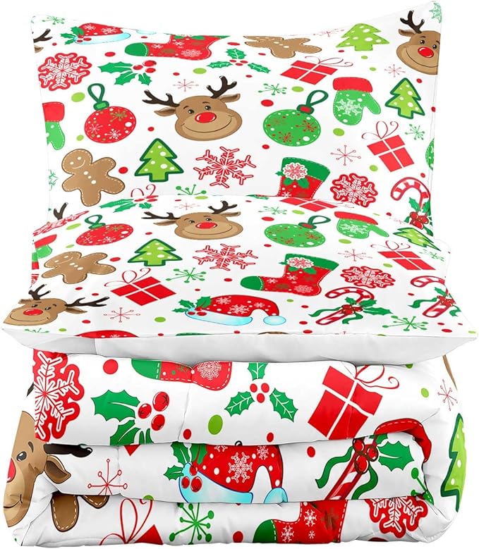 LUVIVIHOME 3PCS Christmas Comforter Set Queen Size, Boys Girls Kids Bedding, Cute Reindeer Snowflake Gingerbread Candy Cane Snowflake Holiday Christmas Bedding, Green Red White Quilt, 2 Pillow Shams