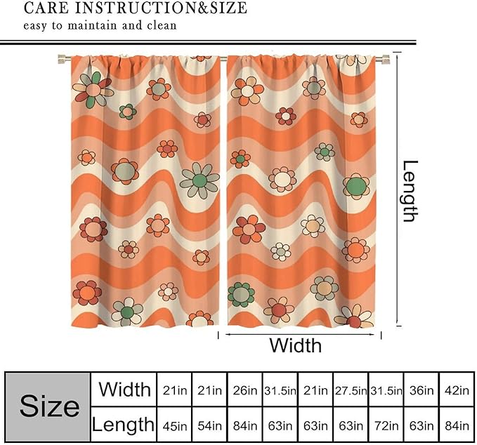 70s Boho Retro Curtains for Bedroom,Groovy Vintage Floral Rainbow Window Treatments Drapes for Kids Girls Window 55"" W X 63"" L, Style-6