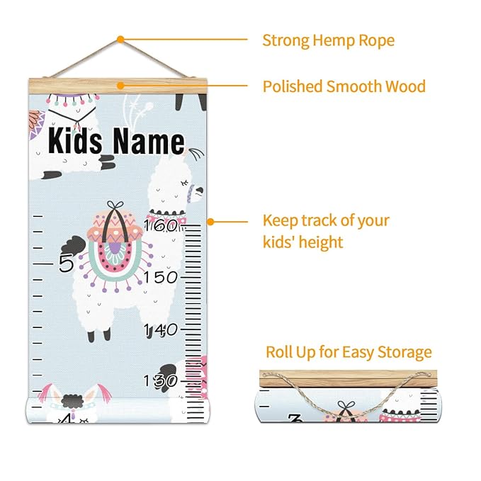 Personalized Kids Name Growth Chart Ruler for Wall Wood Frame Height Measure Chart 13.4x56 in Linen Hanging Height Growth Chart Funny Alpaca Llama Cacti Kids Room Decor