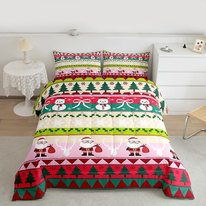 Feelyou Merry Christmas Tree Bedding Set Soft for Boys Girls, Cute Snowman Comforter Set King Size Santa Claus Duvet Quilt Microfiber Cartoon Bowknot Bedroom Decor 3 Pcs with 2 Pillow Cases
