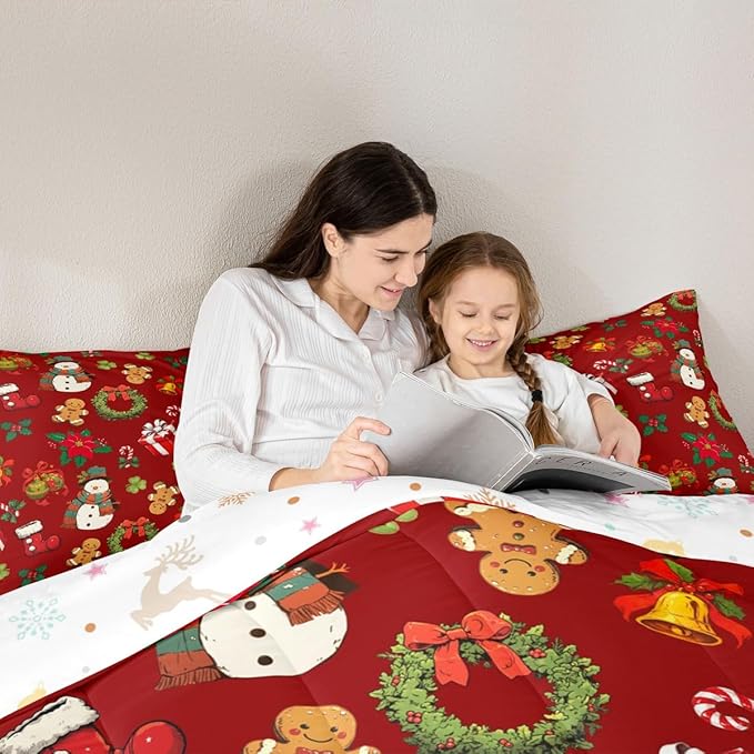 jejeloiu Merry Christmas Comforter Set Full Size Cute Snowman Bedding Set for Kids Boys Girls Gingerbread Man Duvet Quilt Red Bedroom Decor