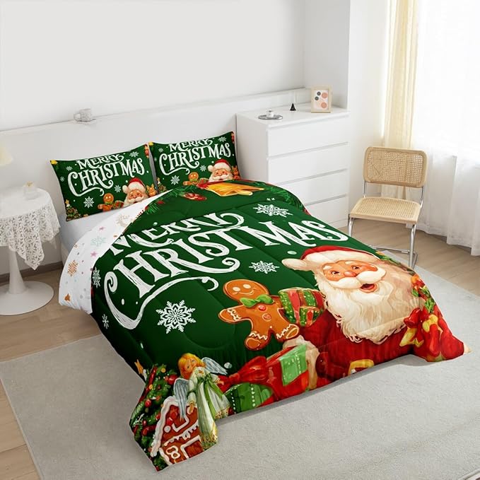Feelyou Green Christmas Comforter Set All Season Santa Claus Bedding Set with 2 Pillow Cases Gingerbread Microfiber Kids Queen Bedclothes Bedroom Decor Duvet Quilt Breathable Soft