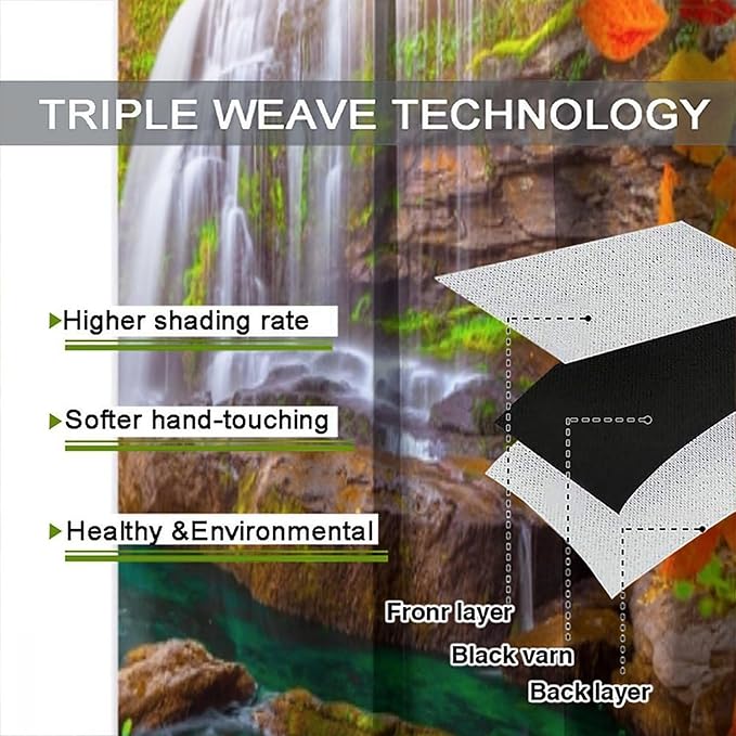 Waterfall Blackout Curtains, Waterfall Landscape Autumn Nature Leaves Forest Window Drapes, for Bedroom Living Room 72" W X 63" L