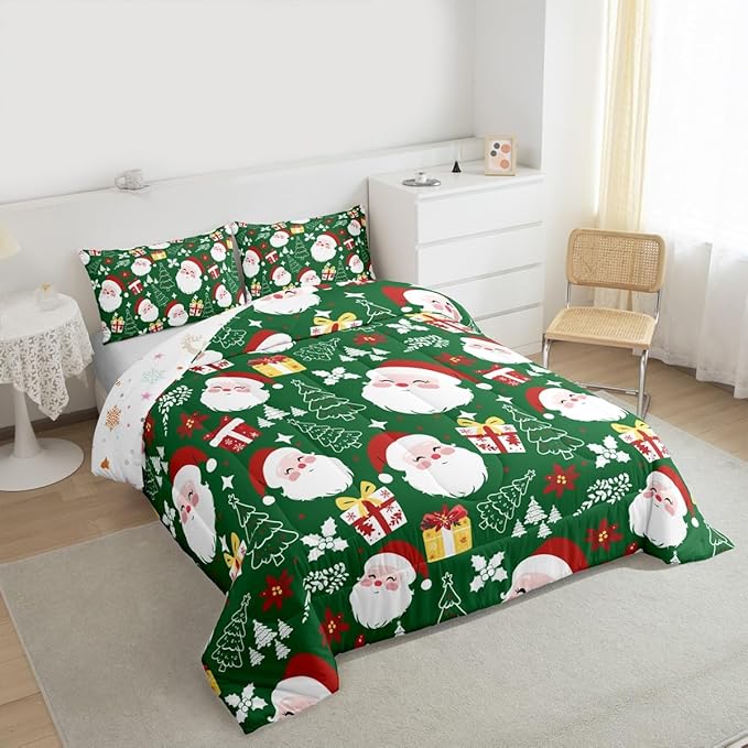 jejeloiu Santa Claus Comforter Set Twin Size Merry Christmas Bedding Set for Kids Boys Girls Xmas Themed Duvet Quilt Green Bedroom Decor