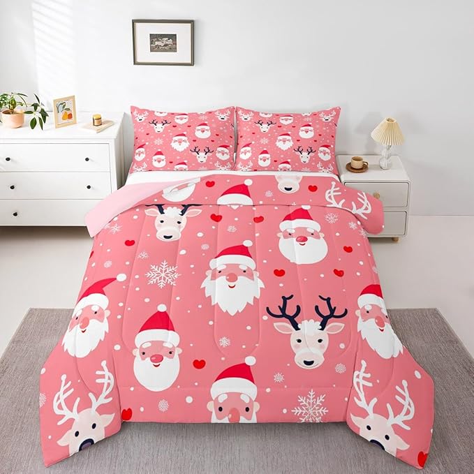 Feelyou Christmas Comforter Set All Season Santa Deer Bedding Set with 2 Pillow Cases Snowflake Microfiber Kids Queen Bedclothes Bedroom Decor Duvet Quilt Breathable Soft Lightweight