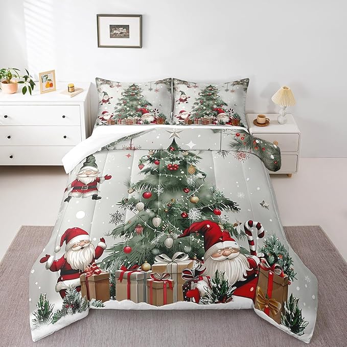 Merry Christmas Bedding Set Full Size,Christmas Tree Snowflake Comforter Set for Kids Boys Girls Room Decor,Santa Claus X'mas Theme Duvet Insert 3Pcs,Star Polka Dot Glitter Quilt Set,2 Pillowcases