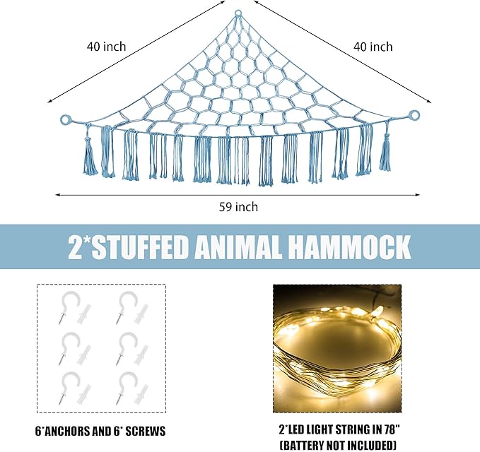 Stuffed Animal Hammock with LED Light, Large Stuffed Animals Storage Corner Plushie Net for Kids Room Decor, 2 Packs Baby Blue