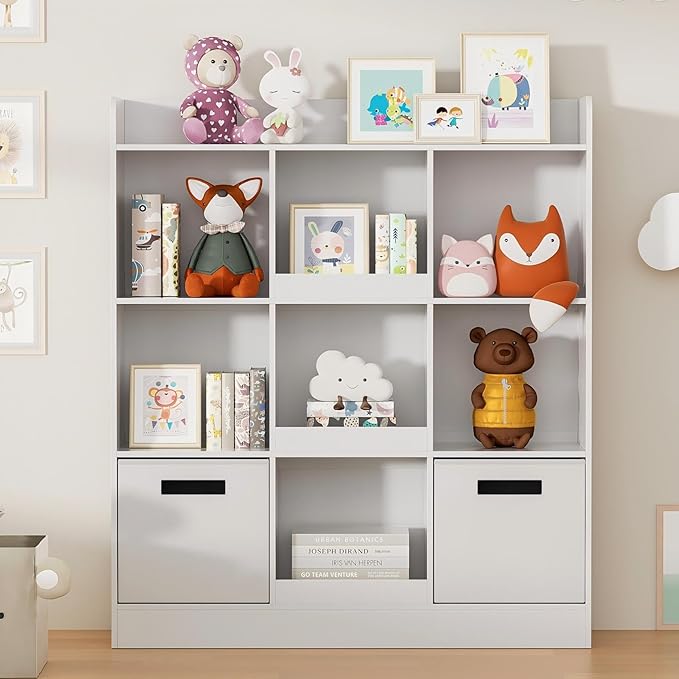 Kids Bookshelf with 9 Cube, Toy Storage Organizer with 2 Fabric Drawers, 3-Tier Freestanding Wooden Open Shelf Bookshelf, Modern Kids Display Bookcase for Bedroom, Living Room, Office, White