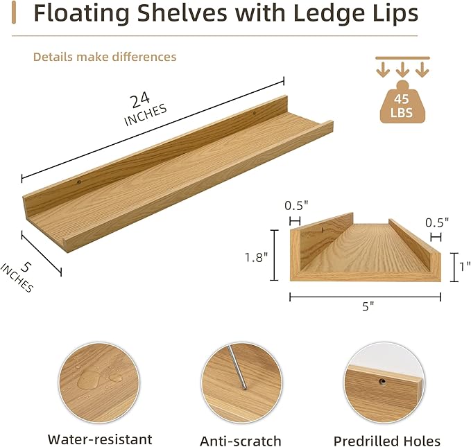 Picture Ledge Shelf, Wood Floating Shelves Set of 4, 24 inch Picture Ledge Shelves, Photo Ledge Nursery Book Shelves Wall Mounted for Living Room Kids' Room Bedroom, Color Oak