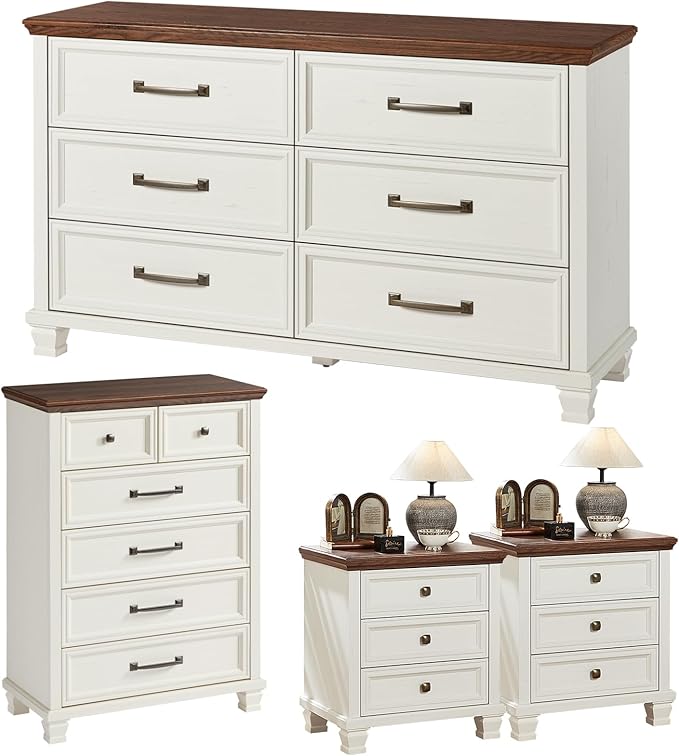Farmhouse Bedroom Dresser and Nightstand Set of 4, 6 Drawer Tall & Low Dresser & 3 Drawer Nightstand Set with Wooden Legs, Rustic Wood Furniture Sets for Bedroom, Hallway, White