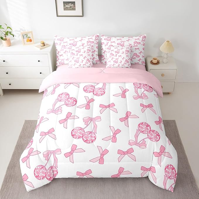 7 Pieces Cartoon Bowknot Kids Comforter Set Full,Western Cowgirl Disco Ball Retro Bedding Set,Bow Tie Cute Princess Pink Romantic（Comforter+Fitted+Flat Sheet+2 Pillowcases+2 Throw Pillow Covers）