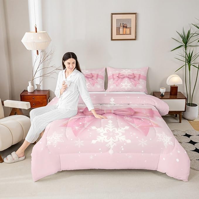 Feelyou Pink Bow Comforter Set All Season Coquette Bow Knot Bedding Set with 1 Pillow Cases Xmas Snowflake Kids Toddler Bedclothes Cute Dreamy Princess Style Decor Christmas Duvet Quilt Soft
