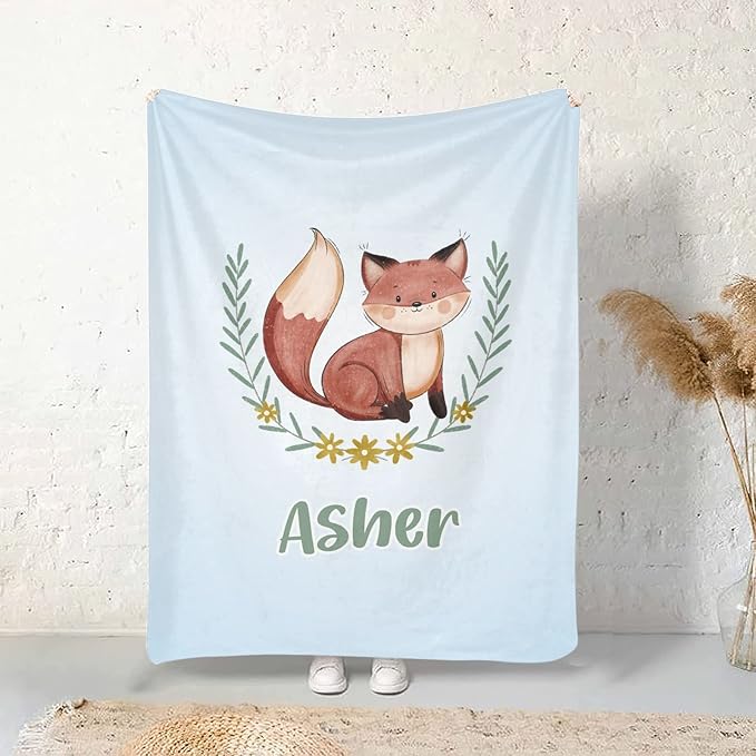 Cute Fox Blue Personalized Receiving Sherpa Fleece Baby Blankets for Girls Boys Kids, Swaddle Blankets Gift for Newborn Crib Infants 30x40 Inches