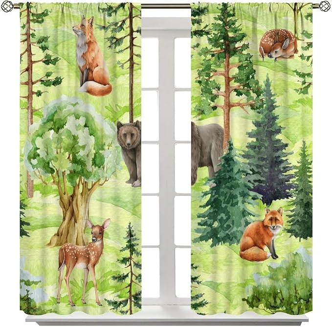 Woodland Animal Curtains, Watercolor Jungle Animals Fox Bear Pattern Blackout Window Treatments, Rod Pocket Thermal Insulated Drapes 2 Panel Sets for Kids Bedroom Nursery Classroom, 72" W X 63" L