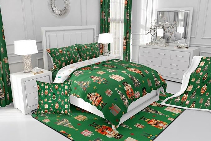 jejeloiu Xmas Nutcracker Comforter Set Full Size Christmas Green Bedding Set for Kids Boys Girls Cute Snowflakes Duvet Quilt Bedroom Decor
