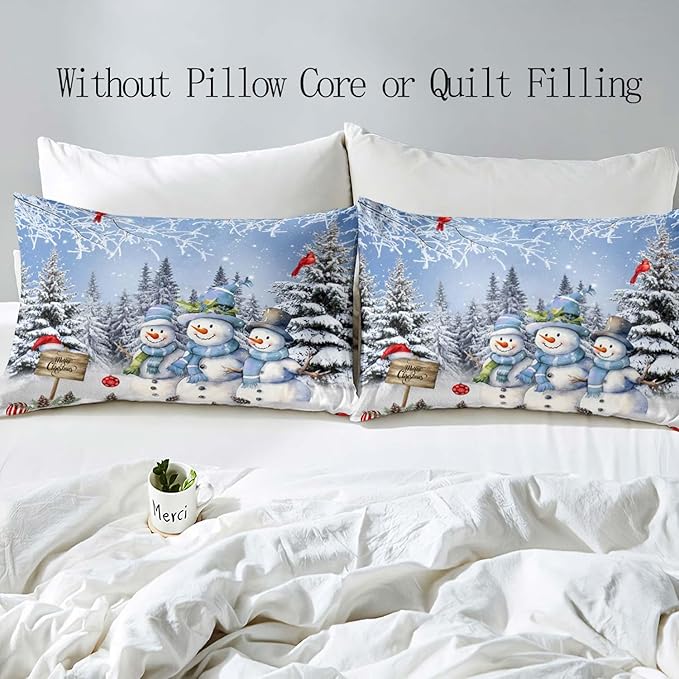 LUVIVIHOME 3PCS Snowman Duvet Cover Full Bedding Set, Boys Girls Kids Bedding, Red Cardinal Bird Santa Hat Xmas Balls Christmas Tree Winter Holiday Light Blue Christmas Comforter Cover, 2 Pillow Cases