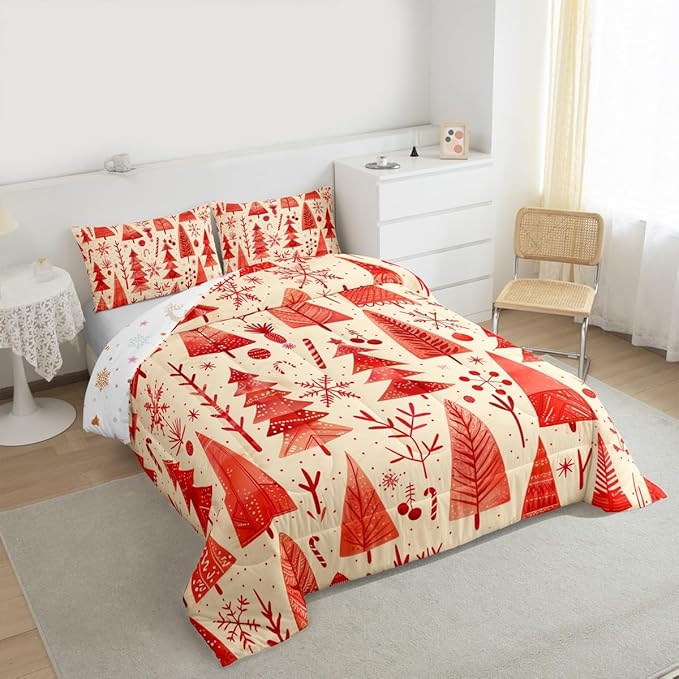 Feelyou Christmas Bedding Set Soft for Boys Girls, Xmas Tree Comforter Set Toddler Size Snowflake Candy Duvet Quilt Microfiber Pine Tree Bedroom Decor 2 Pcs with 1 Pillow Cases
