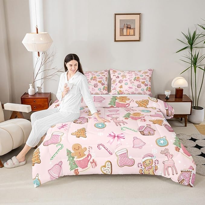 Merry Christmas Kids Comforter Set Twin Size,Gingerbread Man Elk Deer Bowknot Bedding Set Room Decor,Cute Girly Bow Tie Xmas Tree Quilt Comforter,Pink Colorful Duvet Set Bedroom Quilt Set,1 Pillowcase